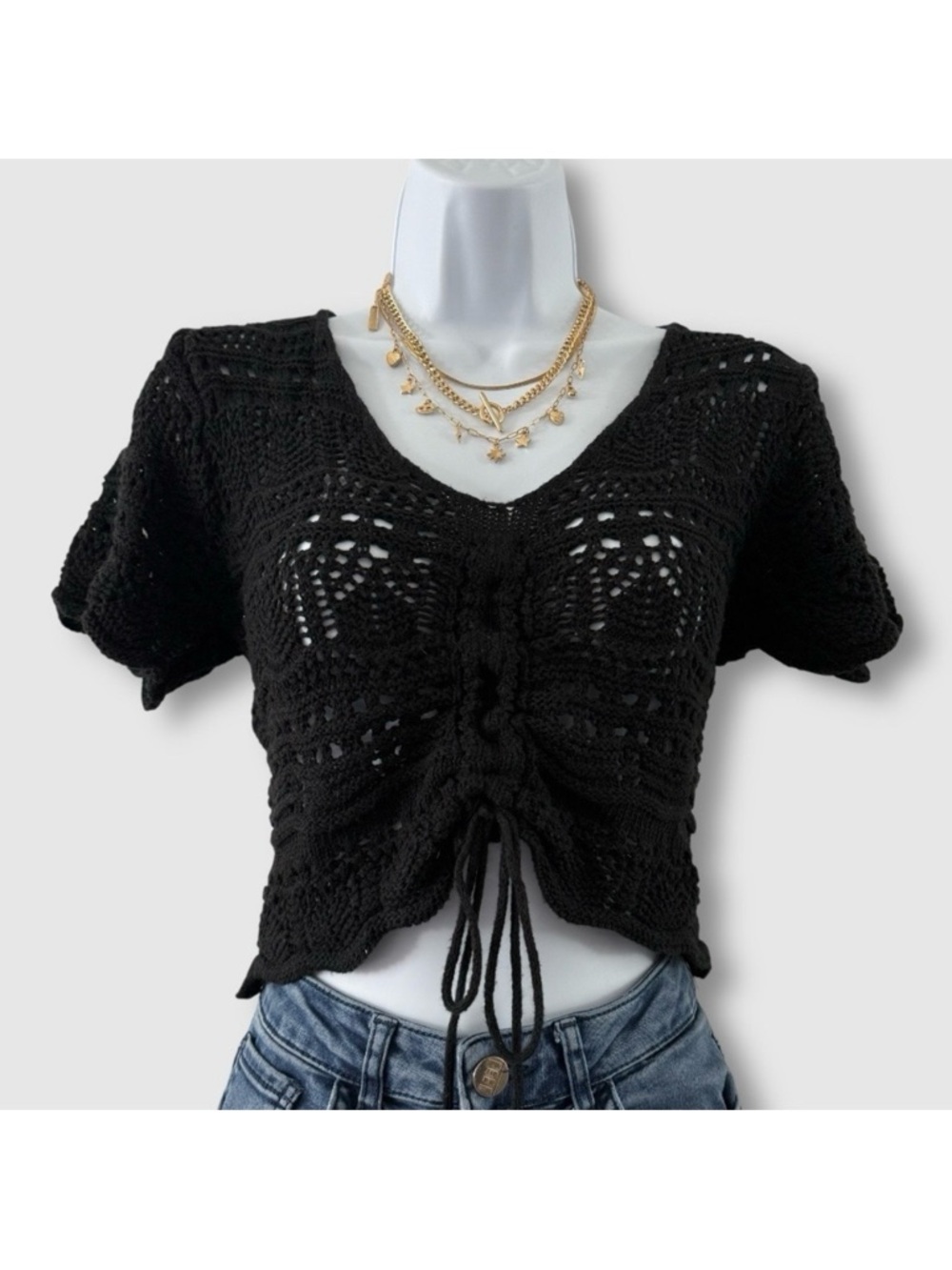 Black Crochet Tie-Front Crop Top Y2K Boho Fairy Grunge Festival